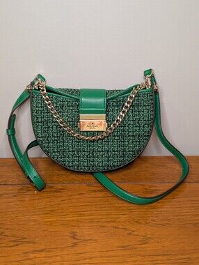 kate spade Green Tweed Half-Moon Crossbody with Gold Chain